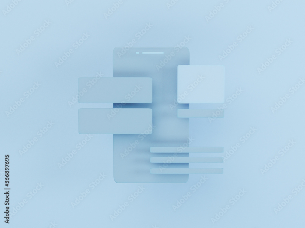Fototapeta premium 3d render of phone with ui ux blocks. app development. 