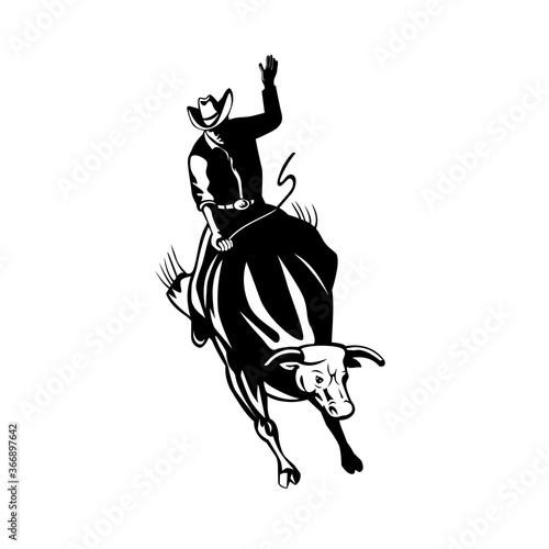 Rodeo Cowboy Bull Rider Riding Bucking Bronco Retro Black and White