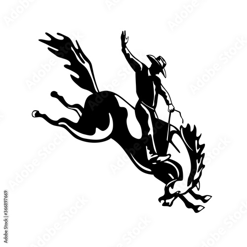 Rodeo Cowboy Rider Riding a Bucking Bronco Retro Woodcut Black and White