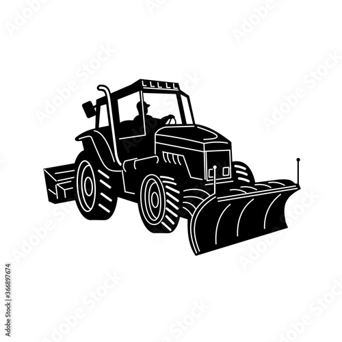 Snow Plow Tractor Snow Removal Machine Side Retro Black and White