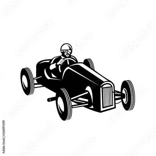 Racing Driver Driving Vintage Race Car Retro Black and White