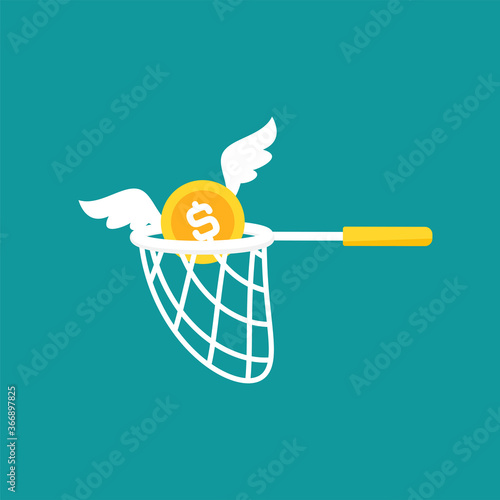 Butterfly net and caught golden dollar coin with wings. Catch, hunt, chase money symbol.
