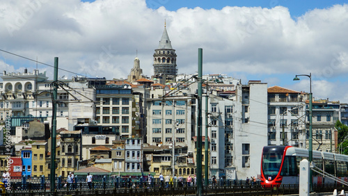 View to Galata district across Bay of Golden Horn on overcast day