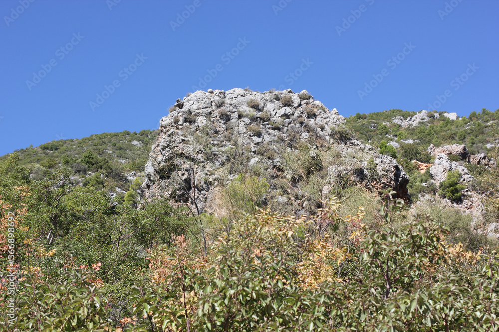 Alanya, TURKEY - August 10, 2013: Travel to Turkey. Helene Hills. Mountains in the background in the distance. Rocks, wildlife of Turkey. Forest and clear blue sky. Alanya, TURKEY - August 10, 2013: Travel to Turkey. Helene Hills. Mountains in the background in the distance. Rocks, wildlife of Turkey. Forest and clear blue sky.