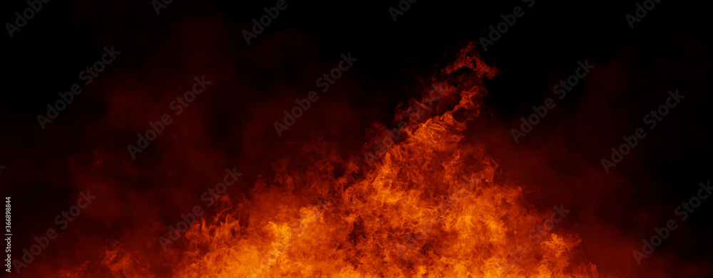 Panoramic view fire on isolated background. Perfect explosion effect for decoration and covering on black background. Concept burn flame and light texture overlays. Stock illustration