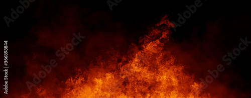 Panoramic view fire on isolated background. Perfect explosion effect for decoration and covering on black background. Concept burn flame and light texture overlays. Stock illustration © Victor