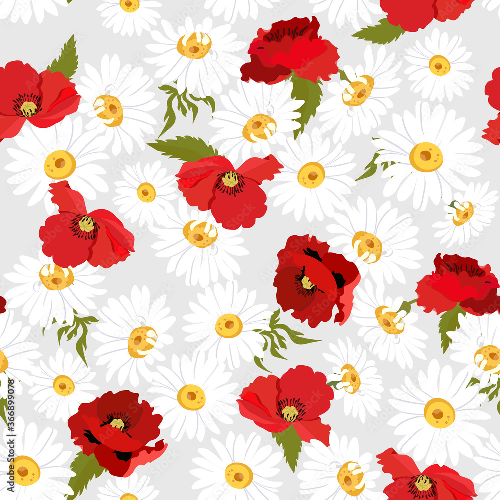 Seamless pattern with field chamomile and poppies on a gray background.