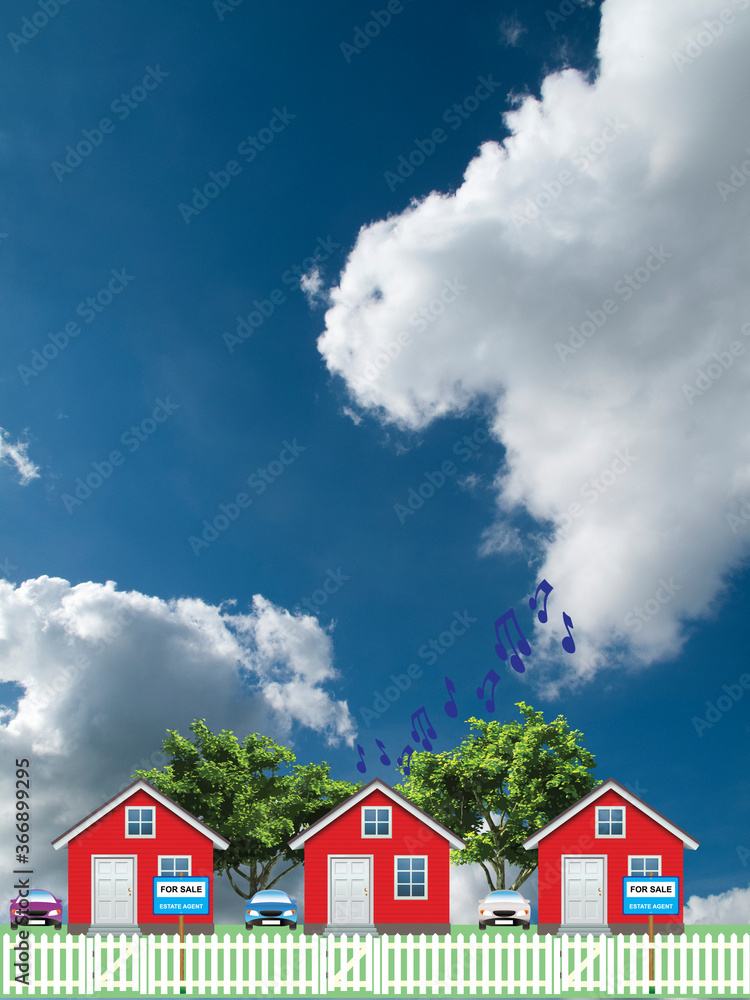 Row of detached residential homes on a suburb street with houses for sale next door to noisy Neighbor set against a blue cloudy sky Row of detached residential homes on a suburb street with houses for sale next door to noisy Neighbor set against a blue cloudy sky