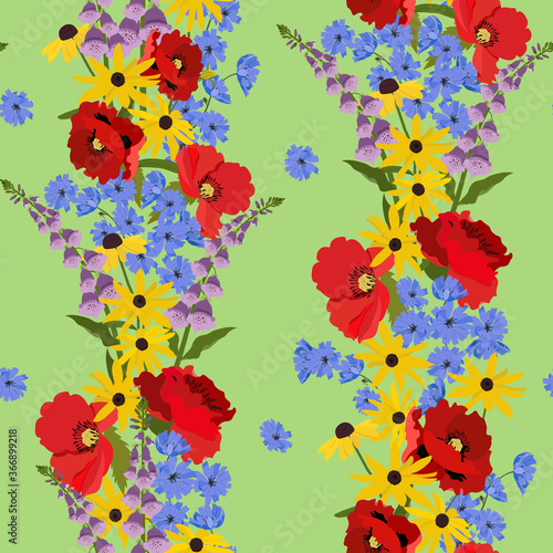 Seamless vector illustration with beautiful poppy, digitalis, rudbeckia
