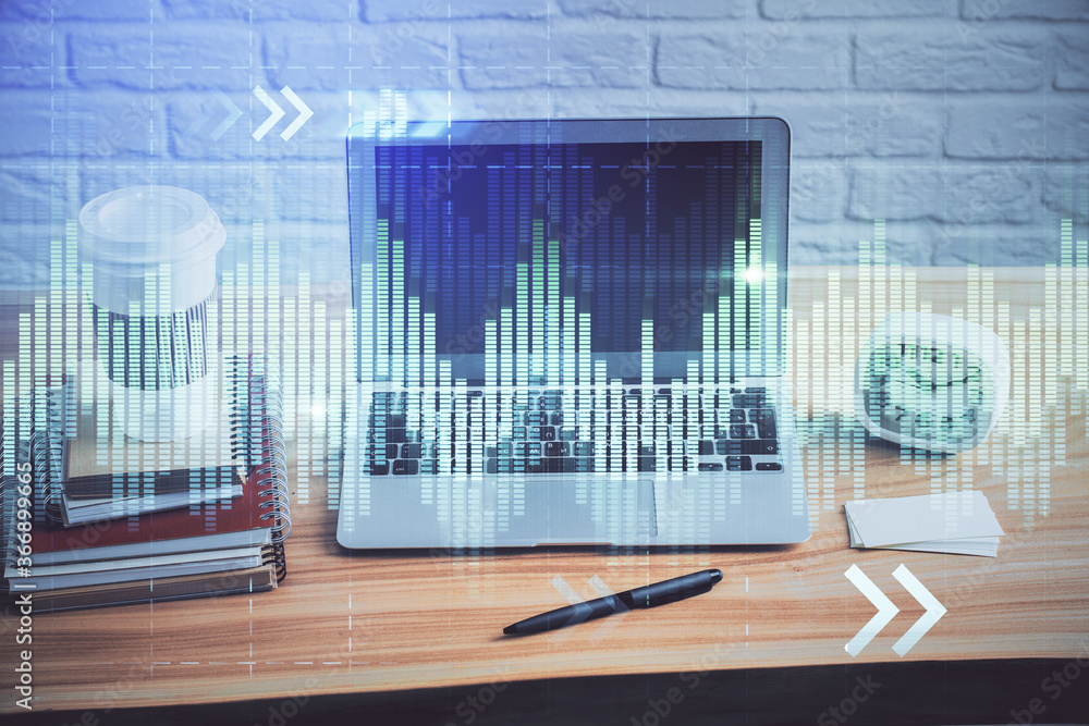 Multi exposure of forex graph and work space with computer. Concept of international online trading. Multi exposure of forex graph and work space with computer. Concept of international online trading.