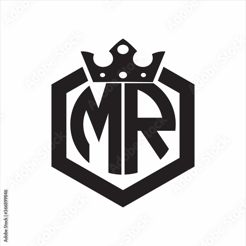 MR Logo monogram rounded by hexagon shape with crown design template on white background