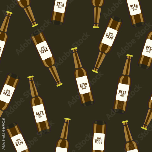 Seamless pattern for international beer Day. Pattern with dark beer bottles. Text on a beer bottle.