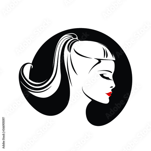 Beautiful woman portrait with long, ponytail hairstyle and elegant makeup.Hair salon and beauty studio logo.Cosmetics and spa circular icon isolated on light fund.Profile view face.Young lady.