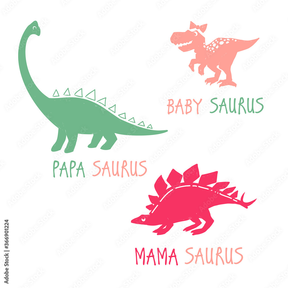 Family dino saurus. Funny cartoon dino girl set. Cute baby dinosaur design  for cool girl t-shirt. Doodle vector illustration on white background.  Stock Vector | Adobe Stock