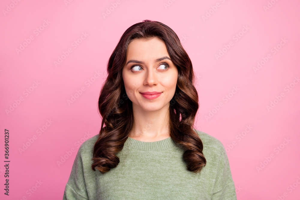 Portrait of minded interested girl look copyspace think thoughts decide decision about fall weekend holiday wear sweater isolated over pastel color background Portrait of minded interested girl look copyspace think thoughts decide decision about fall weekend holiday wear sweater isolated over pastel color background