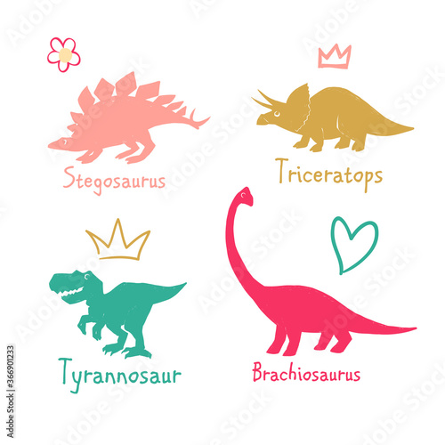 Funny cartoon dino girl. Crown  tyrannosaur  heart  brachiosaurus  triceratops  flower  stegosaurus. Cute baby dinosaur design for cool girl t-shirt. Doodle vector illustration on white background.