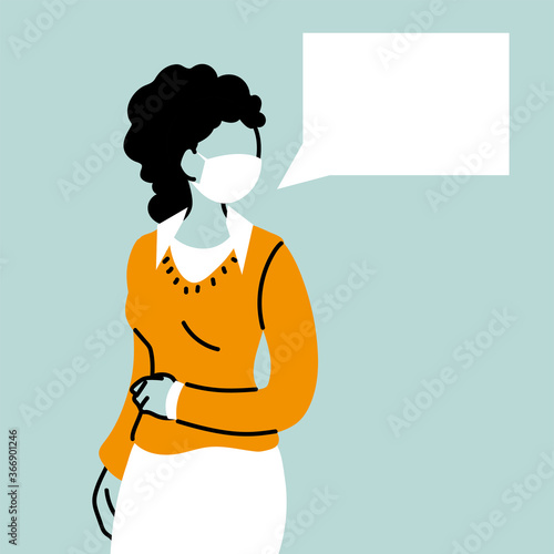 business woman with face mask and speech bubble
