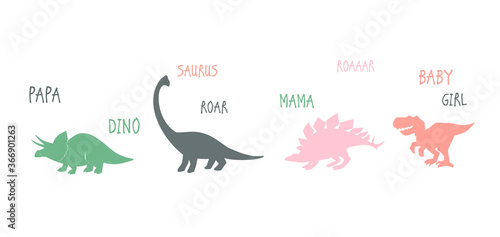 Funny cartoon dino girl family. Cute baby dinosaur design for cool girl t-shirt. Pink stegosaurus, baby tyrannosaur, triceratops dino, brachiosaurus roar. Doodle vector illustration white background.