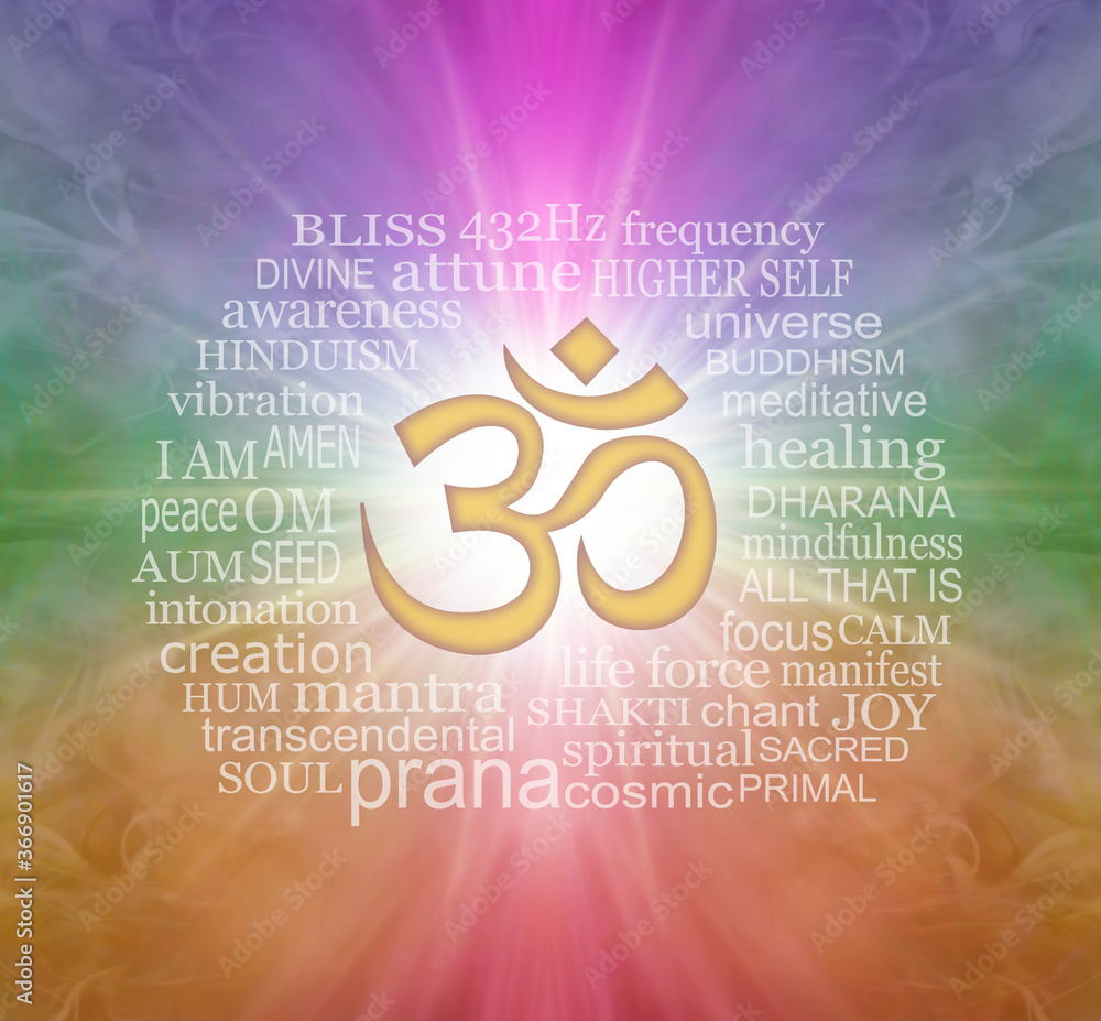 Words associated with the Om Symbol Word Cloud - golden om symbol surrounded by a relevant word cloud on a multicoloured radiating background
 - obrazy, fototapety, plakaty 