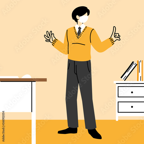 businessman wears mask and keeps distance in office