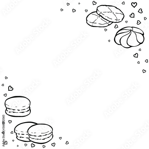 Tea party frame. Black and white hand drawn border for menus, invitations, cards, envelopes and sweet notes on Valentines Day. Coloring book	