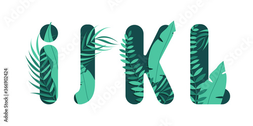 Vector letters I J K L of the alphabet. Leaf design.