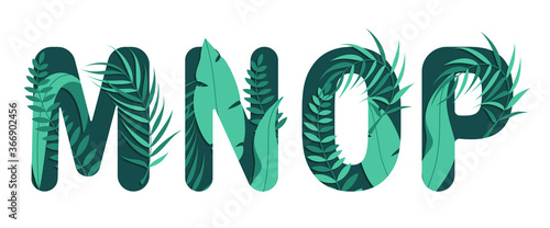 Vector letters M N O P of the alphabet. Leaf design.