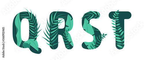 Vector letters S T Q R of the alphabet. Leaf design.