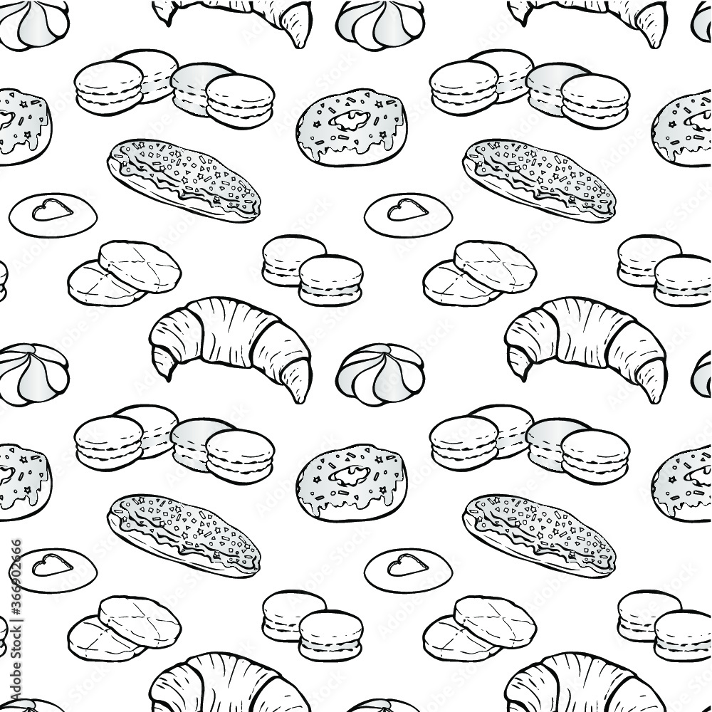 Black and white hand drawn vector seamless pattern with croissant, macarons, biscuits, eclair and donut. For coloring book, wrapping paper, wallpapers at cafe, coffee shop, bakery or confectionery