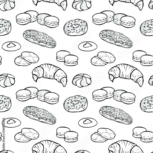 Black and white hand drawn vector seamless pattern with croissant, macarons, biscuits, eclair and donut. For coloring book, wrapping paper, wallpapers at cafe, coffee shop, bakery or confectionery