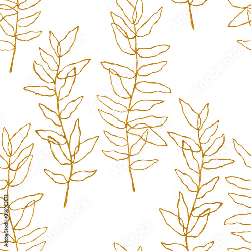 Seamless pattern of golden branches. Hand drawn illustration is isolated on white. Linear leaves are perfect for fabric textile  wedding invitation  boho design  interior wallpaper  floral prints
