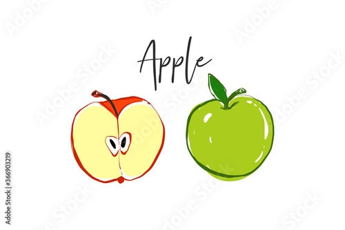 Green apple, apple word sign and red apple half. Fruit colorful line elements. Cute vector pattern. Cartoon vintage tropical print on white background