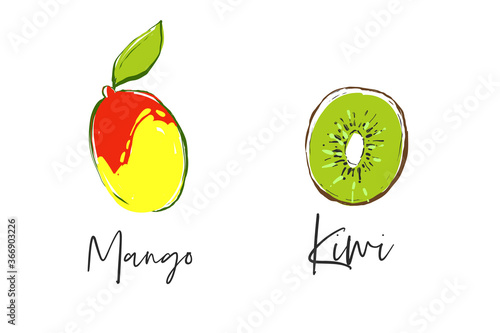Kiwi and mango. Fruit colorful line elements. Cute vector pattern. Cartoon vintage tropical print on white background