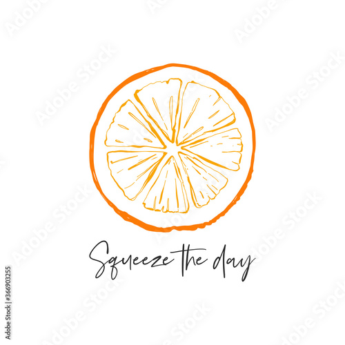 Modern greeting card with squeeze the day quote and orange circle. Fruit colorful line elements. Cute vector pattern. Cartoon vintage tropical print on white background