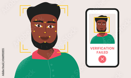 Man being checked via smartphone face identification technology and the verification is failed. Facial recognition system. Security scanning frame and dots on the head of male person.