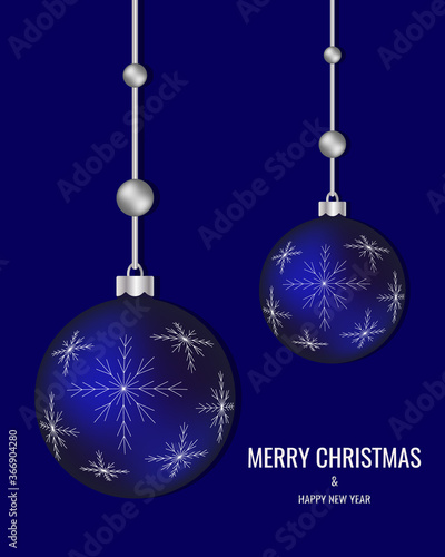Merry Christmas and Happy New Year greeting card. Vector illustration of Christmas balls on a blue background
