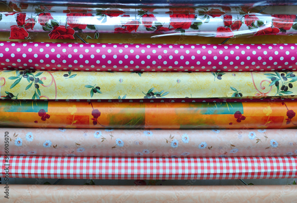 Close Up of Colourful Rolls of Printed Plastic Close Up of Colourful Rolls of Printed Plastic
