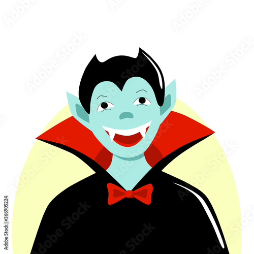 Child in carnival costume Dracula avatar for social media. Attribute for happy halloween party. Black cloak and fangs. Cute funny vampire. Stock vector flat illustration isolated on white background.