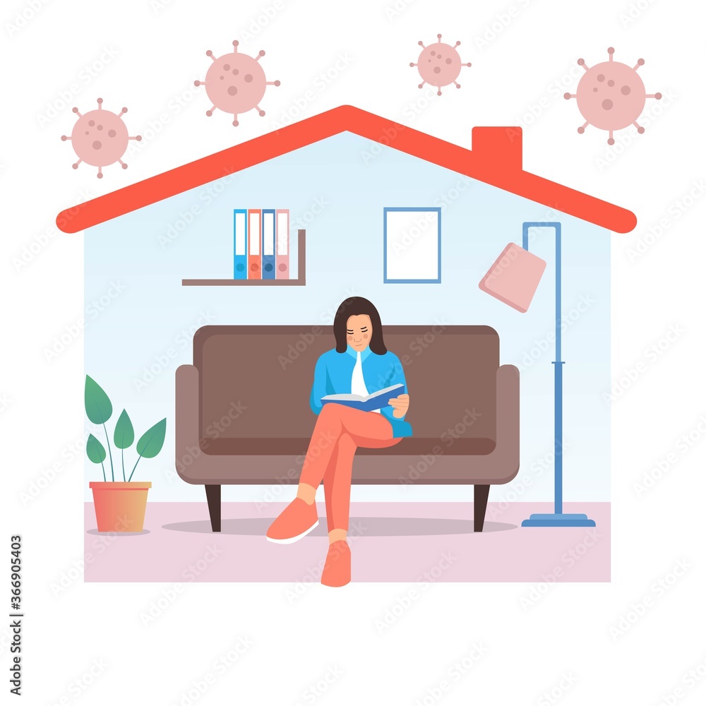 Girl reading a book during at home during corona virus outbreak. Stay at home illustration concept
