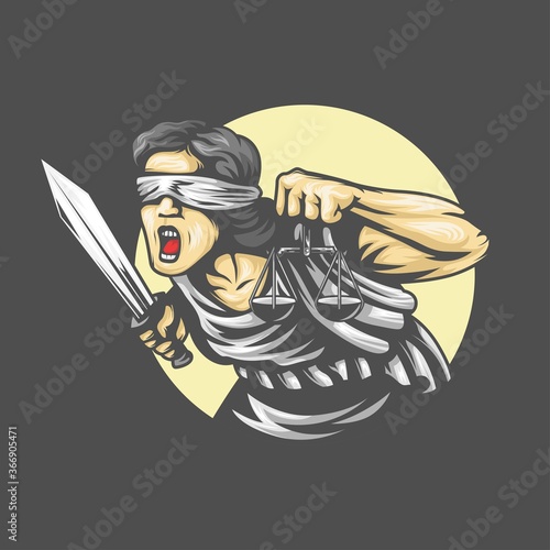 The goddess Themis with a sword of justice and weights in her hands. screaming emotion. Vector illustration