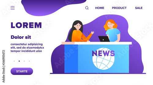 Two women telling news in studio. Laptop, reporter, anchorperson flat vector illustration. TV broadcast and digital technology concept for banner, website design or landing web page