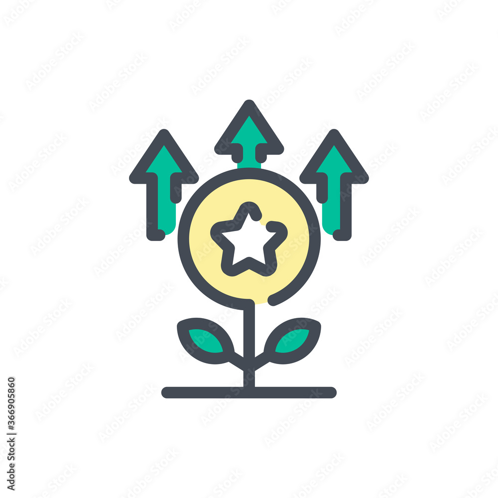 Rise of Bonus Points color line icon. Coin plant with Arrows and Star vector outline colorful sign. Rise of Bonus Points color line icon. Coin plant with Arrows and Star vector outline colorful sign.