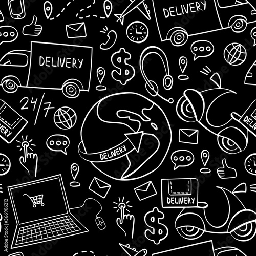 Delivery hand drawn seamless pattern. Doodle shipping elements on black background. Vector illustration.