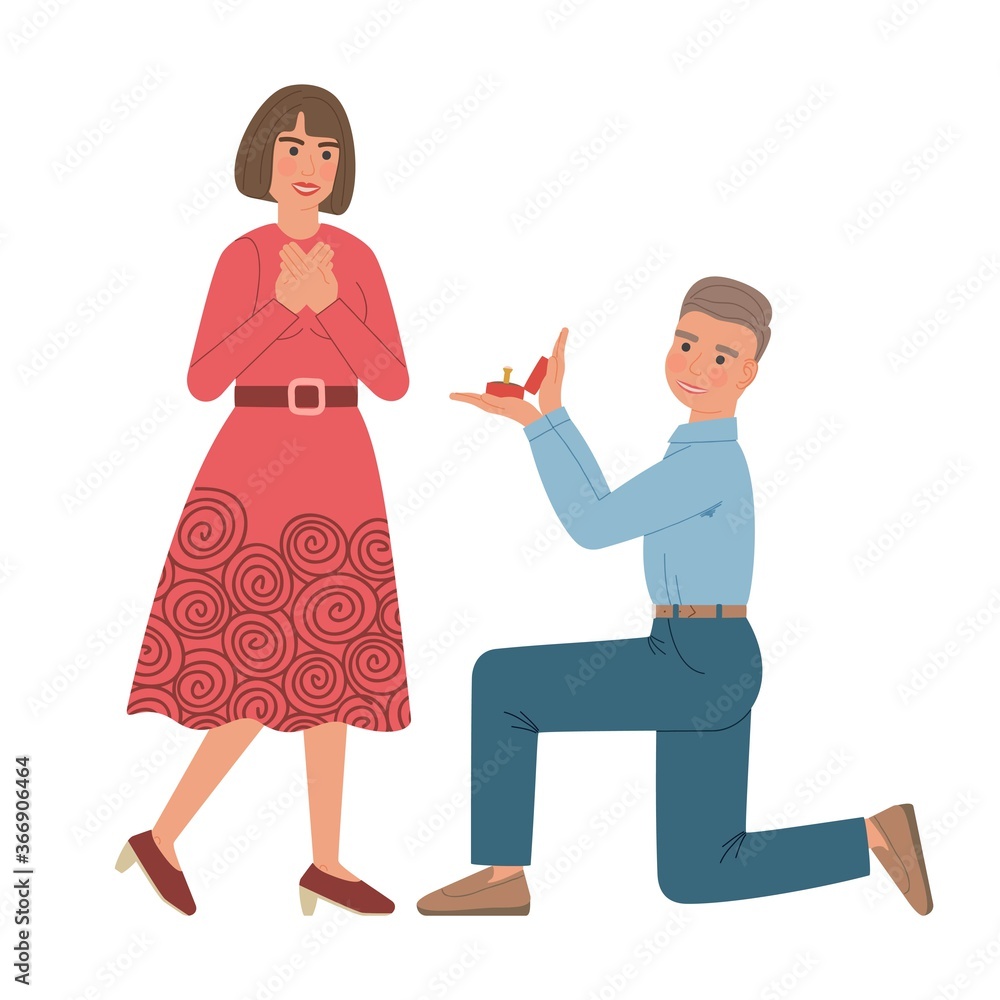 Man makes marriage proposal to woman. Boy kneeling down holds out a box  with a wedding ring to a girl. Both are smiling. Cartoon characters  isolated on white background. Stock Vector |