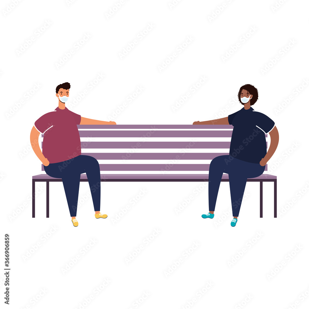 Fototapeta premium young men wearing medical mask seated in park chair