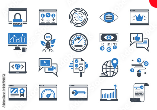SEO Glyph Icons Set. SEO Related Vector Glyph Icons. Website and APP Design and Development. Simple Solid Pictogram Pack. Stroke Vector Logo Concept, Web Graphic. Vector icons.