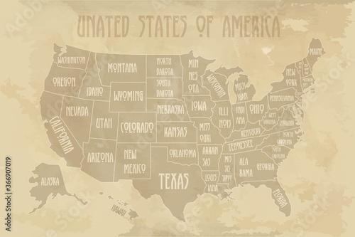 Map of United States in old style , brown graphics in a retro style
