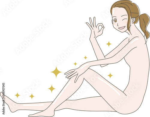 OKサインをしてスキンケアをしている 女性 の イラスト
