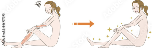 カミソリ負けで肌の傷が気になる 女性 の イラスト　ビフォー アフター