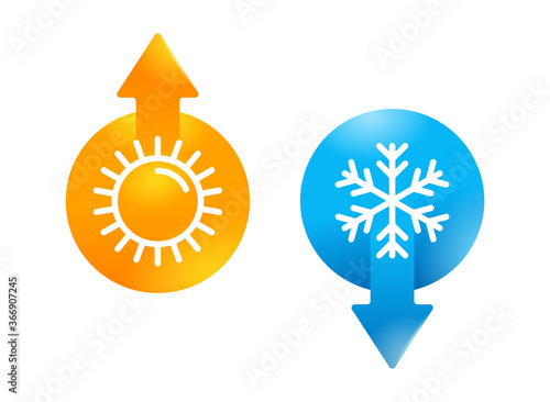 Weather change or climate control icon with temperature rising and lowering arrow indicator - isolated vector glossy elements